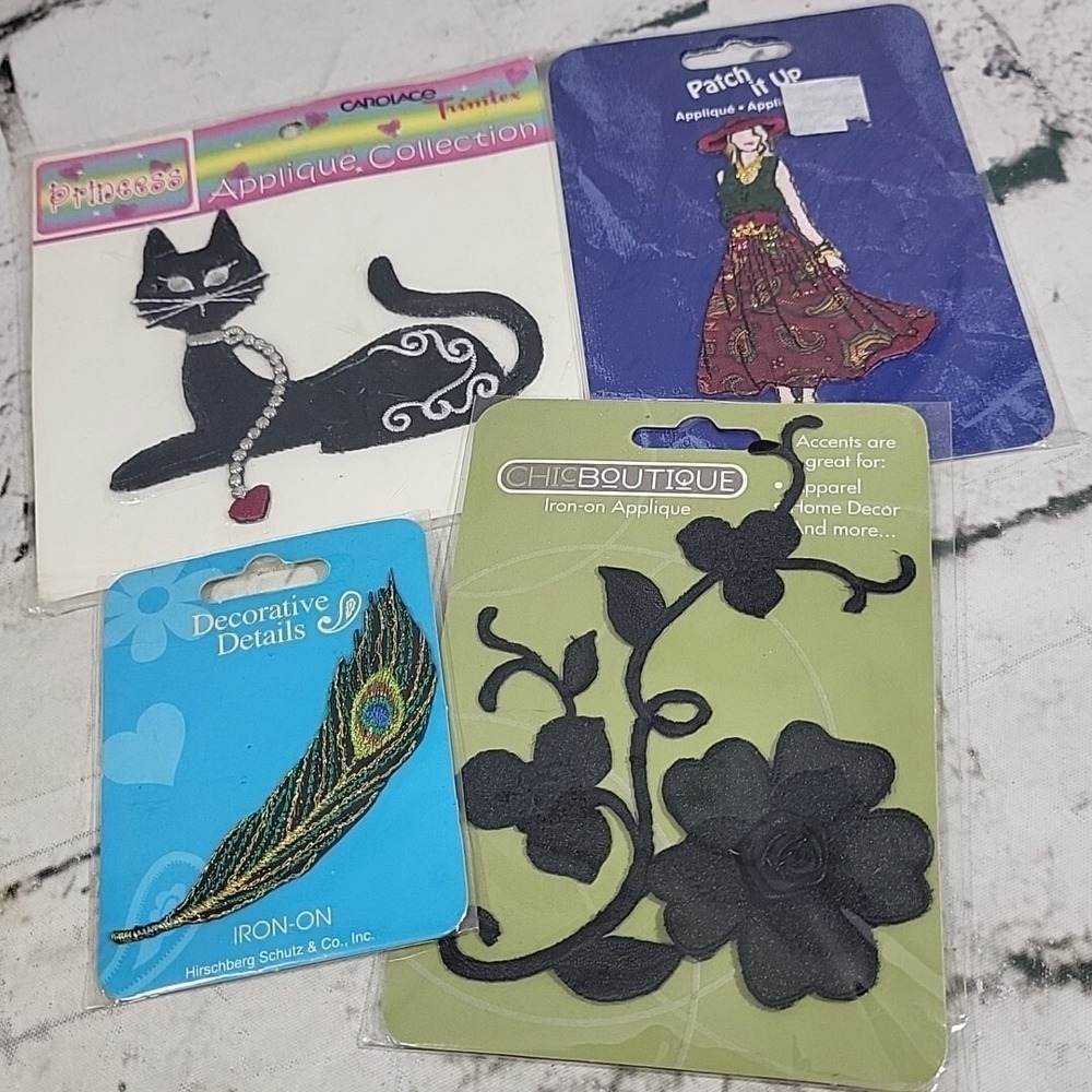 Patches Sewing‎ Crafts Lot of 4 Assorted Cat Lady Feather Flower  New